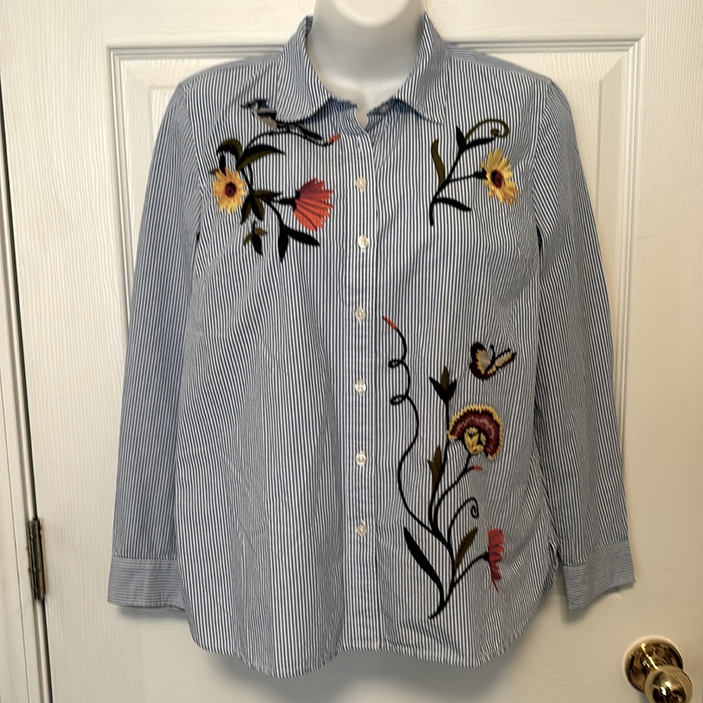 Talbots Blue Stripe Embroidered Flower, Bird, & Butterfly Button Shirt - Small P